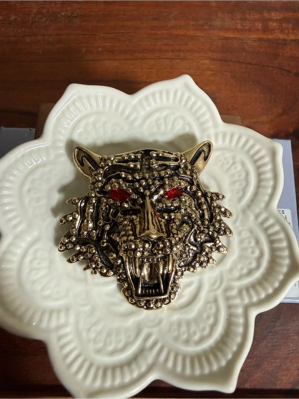 gold-tone metal roaring tiger head brooch red rhinestone eyes textured detail